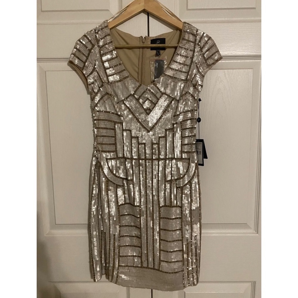 Adrianna Papell Short Sequin Dress - Size 2, XS - Ivory, Champagne, Art Deco